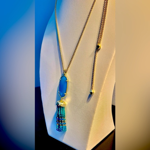 Kendra Scott NWOT Eva Teal Agate Long Long Pendant Necklace Adj Length Chain - Picture 4 of 11
